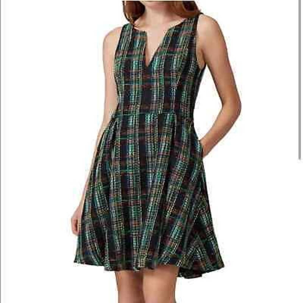 Slate & Willow Classic Plaid Green w/ Neon Stripe Accents Tweed Sleeveless Dress